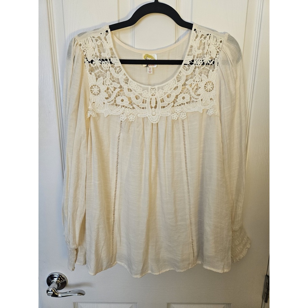 NWT Fig & Flower LS Blouse Floral Lace Yoke Lined Boho Peasant, Size LG